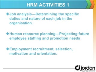 HRM ACTIVITIES 1Job analysis—Determining the specific duties and nature of each job in the organisation.Human resource planning—Projecting future employee staffing and promotion needsEmployment recruitment, selection, motivation and orientation.