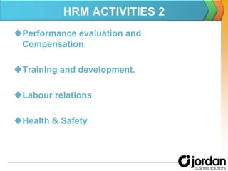 HRM ACTIVITIES 2Performance evaluation and 		   Compensation.Training and development.Labour relationsHealth & Safety