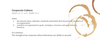 Corporate Culture
[kawr-per-it, -prit] [kuhl-cher]
noun
1. the shared values, attitudes, standards and beliefs that characterize members of
an organization.
2. rooted in an organization’s goals, strategies, structure and approaches to
business.
In a sentence:
The strength of our corporate culture determines our ability to succeed.
 