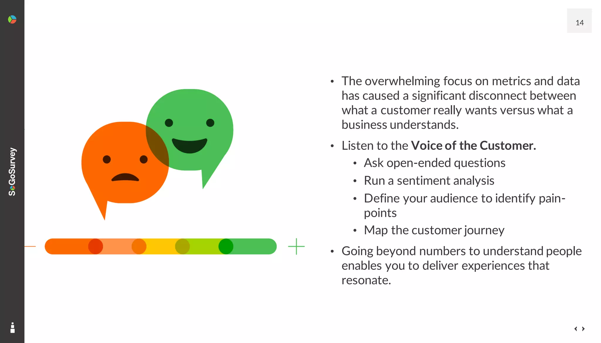 14
• The overwhelming focus on metrics and data
has caused a significant disconnect between
what a customer really wants versus what a
business understands.
• Listen to the Voice of the Customer.
• Ask open-ended questions
• Run a sentiment analysis
• Define your audience to identify pain-
points
• Map the customer journey
• Going beyond numbers to understand people
enables you to deliver experiences that
resonate.
 