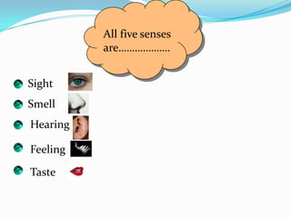 All five senses are……………….Sight SmellHearingFeelingTaste