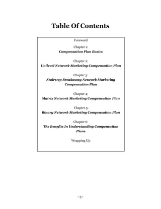 - 3 -
Table Of Contents
Foreword
Chapter 1:
Compensation Plan Basics
Chapter 2:
Unilevel Network Marketing Compensation Plan
Chapter 3:
Stairstep Breakaway Network Marketing
Compensation Plan
Chapter 4:
Matrix Network Marketing Compensation Plan
Chapter 5:
Binary Network Marketing Compensation Plan
Chapter 6:
The Benefits In Understanding Compensation
Plans
Wrapping Up
 