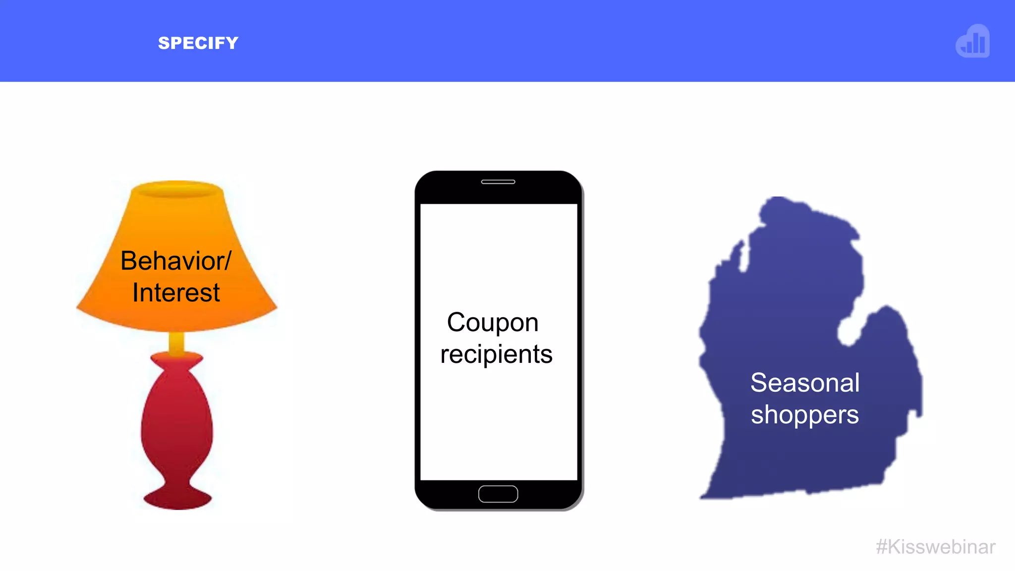 SPECIFY
#Kisswebinar
Seasonal
shoppers
Coupon
recipients
Behavioral/
Interest
Behavior/
Interest
 