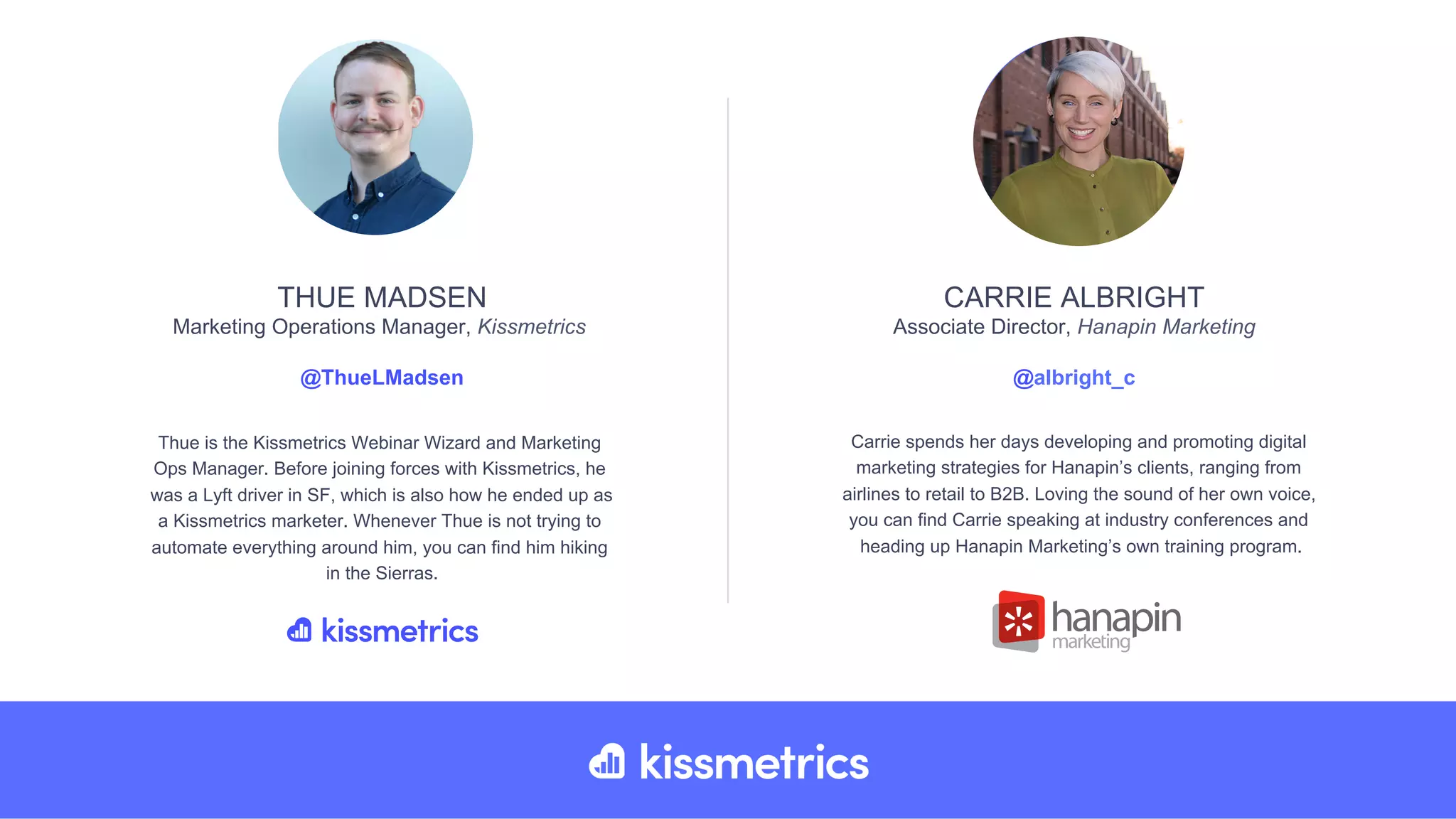 Thue is the Kissmetrics Webinar Wizard and Marketing
Ops Manager. Before joining forces with Kissmetrics, he
was a Lyft driver in SF, which is also how he ended up as
a Kissmetrics marketer. Whenever Thue is not trying to
automate everything around him, you can find him hiking
in the Sierras.
THUE MADSEN
Marketing Operations Manager, Kissmetrics
@ThueLMadsen
Carrie spends her days developing and promoting digital
marketing strategies for Hanapin’s clients, ranging from
airlines to retail to B2B. Loving the sound of her own voice,
you can find Carrie speaking at industry conferences and
heading up Hanapin Marketing’s own training program.
CARRIE ALBRIGHT
Associate Director, Hanapin Marketing
@albright_c
 
