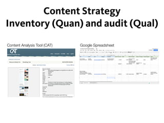 Content Strategy
Inventory (Quan) and audit (Qual)
Content Analysis Tool (CAT) Google Spreadsheet
 