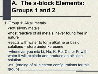 A. The s-block Elements:
Groups 1 and 2
1. Group 1: Alkali metals
-soft silvery metals
-most reactive of all metals, never found free in
nature
-reacts with water to form alkaline or basic
solutions – store under kerosene
-whenever you mix Li, Na, K, Rb, Cs, or Fr with
water it will explode and produce an alkaline
solution
-ns1 (ending of all electron configurations for this
group) http://www.teachertube.com/members/viewVideo.php?title=Group_1_Alkali_metals_and_water&video_id=51068
 