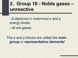 2. Group 18 - Noble gases –
unreactive
- 8 electrons in outermost s and p
energy levels
- all are gases
The s and p blocks are called the main
group or representative elements!
 