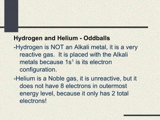 Hydrogen and Helium - Oddballs
-Hydrogen is NOT an Alkali metal, it is a very
reactive gas. It is placed with the Alkali
metals because 1s1 is its electron
configuration.
-Helium is a Noble gas, it is unreactive, but it
does not have 8 electrons in outermost
energy level, because it only has 2 total
electrons!
 