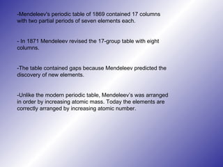 -Mendeleev's periodic table of 1869 contained 17 columns with two partial periods of seven elements each. - In 1871 Mendeleev revised the 17-group table with eight columns. -The table contained gaps because Mendeleev predicted the discovery of new elements.  -Unlike the modern periodic table, Mendeleev’s was arranged in order by increasing atomic mass. Today the elements are correctly arranged by increasing atomic number. 
