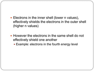 Electrons in the inner shell (lower n values), effectively shields the electrons in the outer shell (higher n values)However the electrons in the same shell do not effectively shield one anotherExample: electrons in the fourth energy level