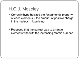 H.G.J. MoseleyCorrectly hypothesized the fundamental property of each elements – the amount of positive charge in the nucleus = Atomic no.Proposed that the correct way to arrange elements was with the increasing atomic number