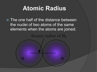 Atomic Radius 
 The one half of the distance between 
the nuclei of two atoms of the same 
elements when the atoms are joined. 
 