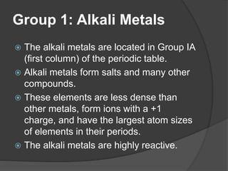 Group 1: Alkali Metals 
 The alkali metals are located in Group IA 
(first column) of the periodic table. 
 Alkali metals form salts and many other 
compounds. 
 These elements are less dense than 
other metals, form ions with a +1 
charge, and have the largest atom sizes 
of elements in their periods. 
 The alkali metals are highly reactive. 
 