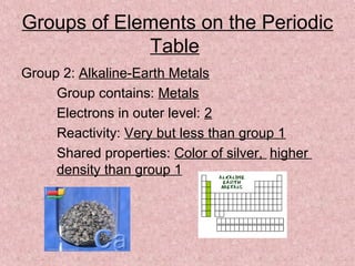Groups of Elements on the Periodic
Table
Group 2: Alkaline-Earth Metals
Group contains: Metals
Electrons in outer level: 2
Reactivity: Very but less than group 1
Shared properties: Color of silver, higher
density than group 1
 