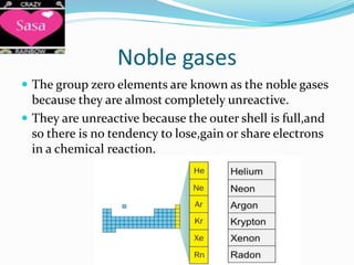 Noble gases
 The group zero elements are known as the noble gases
because they are almost completely unreactive.
 They are unreactive because the outer shell is full,and
so there is no tendency to lose,gain or share electrons
in a chemical reaction.
 