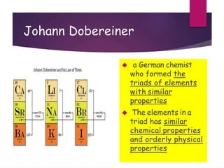 Johann Dobereiner
 a German chemist
who formed the
triads of elements
with similar
properties
 The elements in a
triad has similar
chemical properties
and orderly physical
properties
 