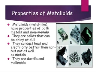 Properties of Metalloids
 Metalloids (metal-like)
have properties of both
metals and non-metals
 They are solids that can
be shiny or dull
 They conduct heat and
electricity better than non-metals
but not as well
as metals
 They are ductile and
malleable
 