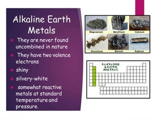 Alkaline Earth
Metals
 They are never found
uncombined in nature
 They have two valence
electrons
 shiny
 silvery-white
 somewhat reactive
metals at standard
temperature and
pressure.
 