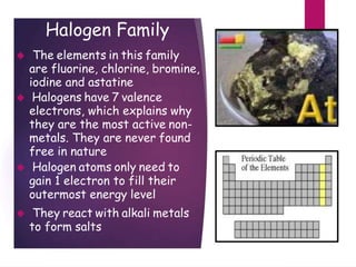 Halogen Family
 The elements in this family
are fluorine, chlorine, bromine,
iodine and astatine
 Halogens have 7 valence
electrons, which explains why
they are the most active non-
metals. They are never found
free in nature
 Halogen atoms only need to
gain 1 electron to fill their
outermost energy level
 They react with alkali metals
to form salts
 