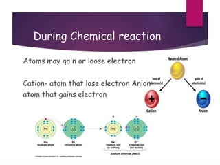 During Chemical reaction
Atoms may gain or loose electron
Cation- atom that lose electron Anion-
atom that gains electron
 