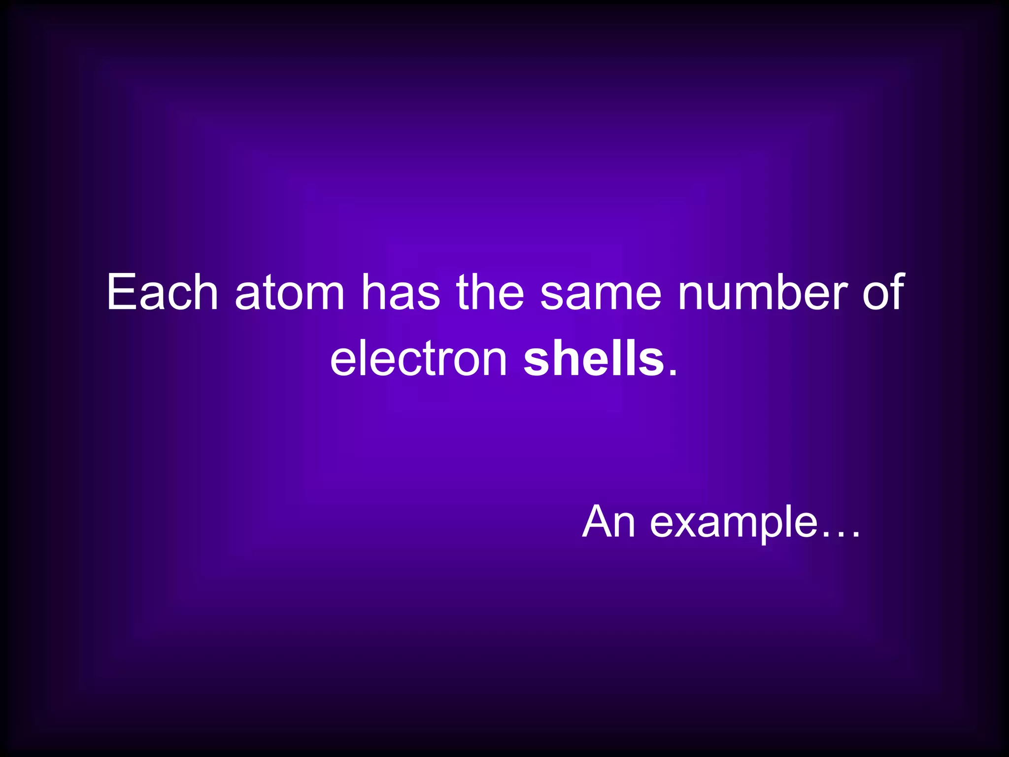 Each atom has the same number of
electron shells.
An example…
 