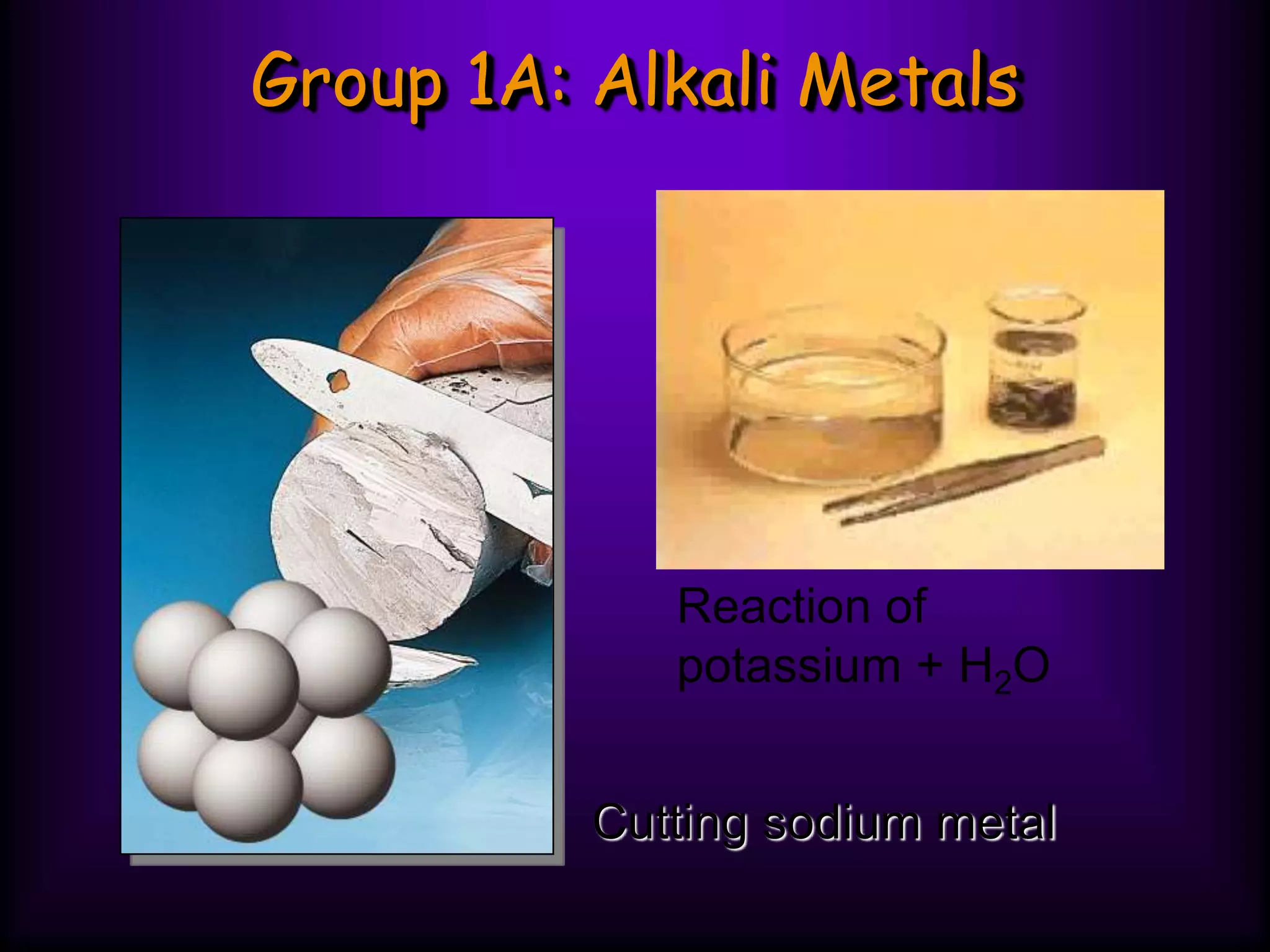 Group 1A: Alkali Metals
Cutting sodium metal
Reaction of
potassium + H2O
 