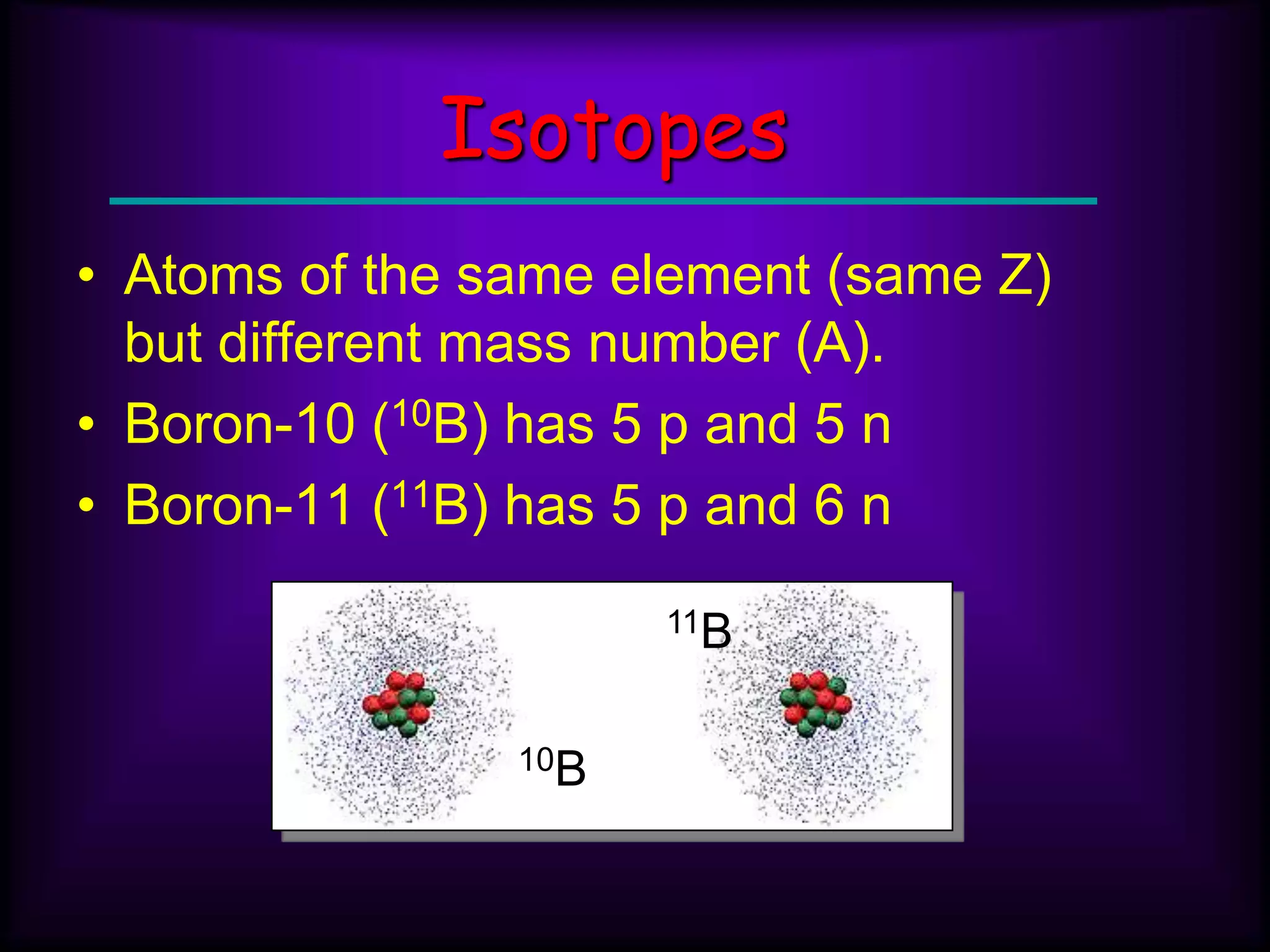 Isotopes
• Atoms of the same element (same Z)
but different mass number (A).
• Boron-10 (10B) has 5 p and 5 n
• Boron-11 (11B) has 5 p and 6 n
10B
11B
 