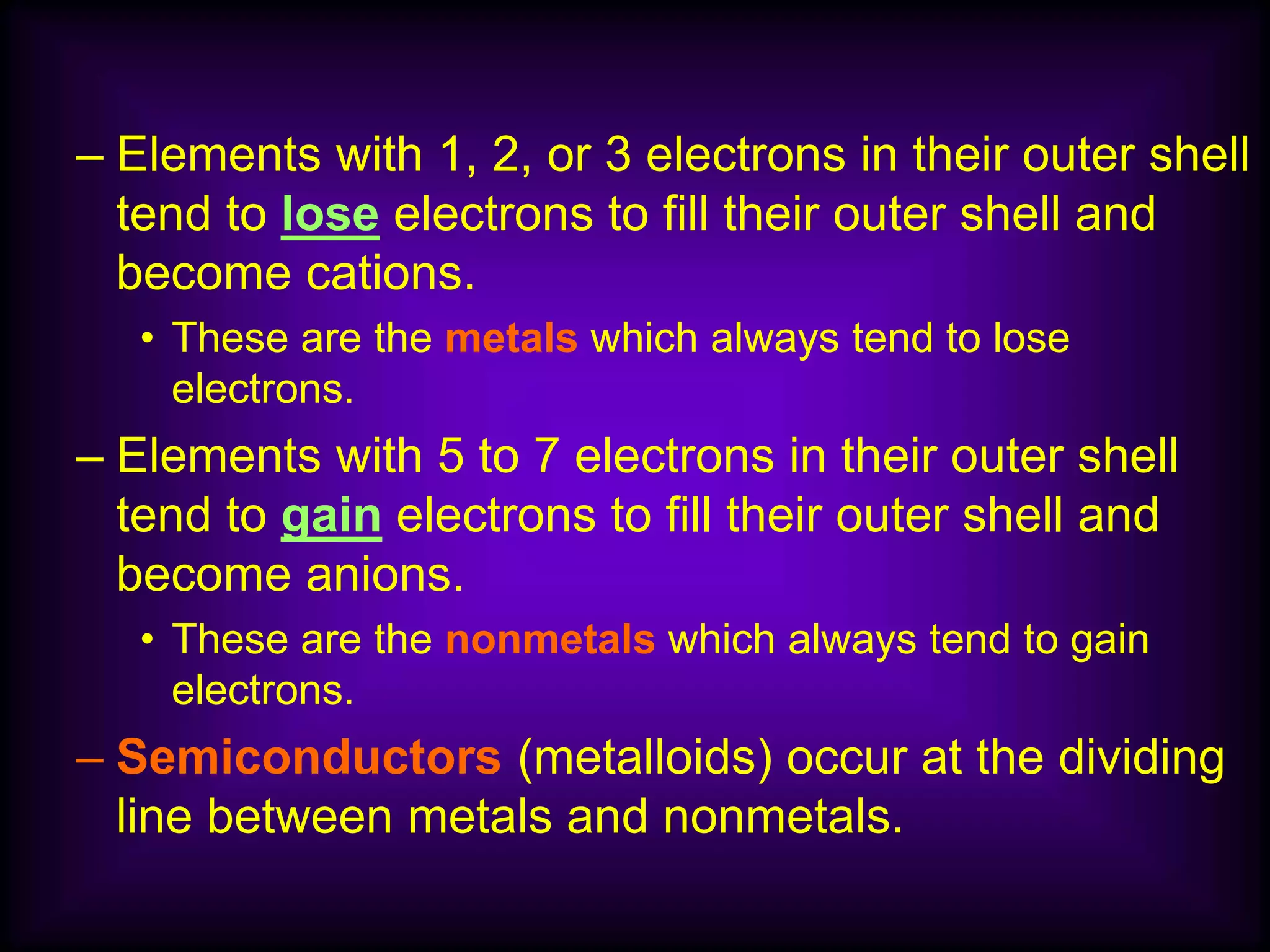 – Elements with 1, 2, or 3 electrons in their outer shell
tend to lose electrons to fill their outer shell and
become cations.
• These are the metals which always tend to lose
electrons.
– Elements with 5 to 7 electrons in their outer shell
tend to gain electrons to fill their outer shell and
become anions.
• These are the nonmetals which always tend to gain
electrons.
– Semiconductors (metalloids) occur at the dividing
line between metals and nonmetals.
 
