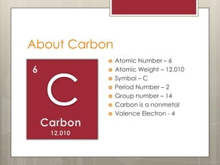 About Carbon6CAtomic Number – 6Atomic Weight – 12.010Symbol – CPeriod Number – 2Group number – 14Carbon is a nonmetalValence Electron - 4Carbon12.010