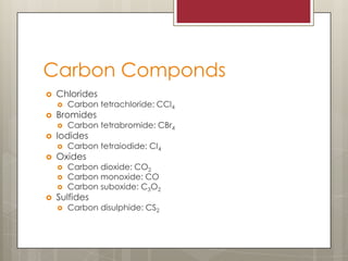 Carbon CompondsChloridesCarbon tetrachloride: CCl4BromidesCarbon tetrabromide: CBr4IodidesCarbon tetraiodide: CI4OxidesCarbon dioxide: CO2Carbon monoxide: COCarbon suboxide: C3O2SulfidesCarbon disulphide: CS2