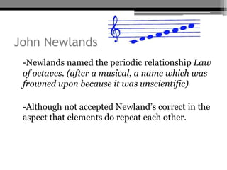 John Newlands
• -Newlands named the periodic relationship Law
  of octaves. (after a musical, a name which was
  frowned upon because it was unscientific)

• -Although not accepted Newland’s correct in the
  aspect that elements do repeat each other.
 