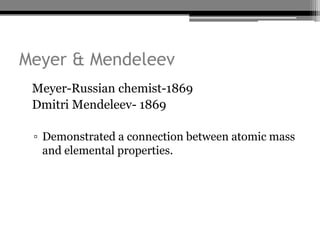Meyer & Mendeleev
• Meyer-Russian chemist-1869
• Dmitri Mendeleev- 1869

 ▫ Demonstrated a connection between atomic mass
   and elemental properties.
 