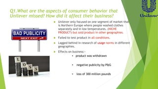 Q1.What are the aspects of consumer behavior that
Unilever missed? How did it affect their business?
 Unilever only focused on one segment of market that
is Northern Europe where people washed clothes
separately and in low temperatures. (NICHE
PRODUCT) but sold product in other geographies.
 Failed to test product in all conditions.
 Lagged behind in research of usage norms in different
geographies.
 Effects on business:-
• product was withdrawn
• negative publicity by P&G
• loss of 300 million pounds
 
