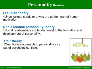 2015 - CONSUMER BEHAVIOR DR. AHMAD FARAZ – CBA - UOD
Personality theories
Freudian theory
Unconscious needs or drives are at the heart of human
motivation
Neo-Freudian personality theory
Social relationships are fundamental to the formation and
development of personality.
Trait theory
Quantitative approach to personality as a
set of psychological traits
 