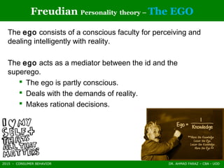 2015 - CONSUMER BEHAVIOR DR. AHMAD FARAZ – CBA - UOD
Freudian Personality theory – The EGO
The ego consists of a conscious faculty for perceiving and
dealing intelligently with reality.
The ego acts as a mediator between the id and the
superego.
 The ego is partly conscious.
 Deals with the demands of reality.
 Makes rational decisions.
 