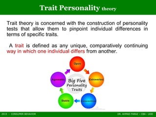 2015 - CONSUMER BEHAVIOR DR. AHMAD FARAZ – CBA - UOD
Trait Personality theory
Trait theory is concerned with the construction of personality
tests that allow them to pinpoint individual differences in
terms of specific traits.
A trait is defined as any unique, comparatively continuing
way in which one individual differs from another.
 