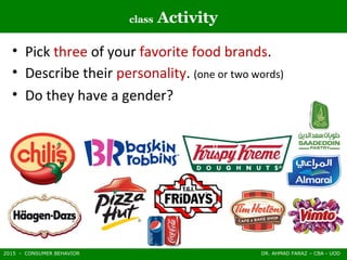 2015 - CONSUMER BEHAVIOR DR. AHMAD FARAZ – CBA - UOD
class Activity
• Pick three of your favorite food brands.
• Describe their personality. (one or two words)
• Do they have a gender?
 