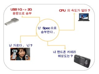 Spec-oriented Thinking  USB 1G -> 2G  용량으로 승부 내 핸드폰 카메라  해상도는 ? 난  Spec 으로  승부한다 . CPU  의 속도가 얼마 ? 난 가로다 .  넌 ? 