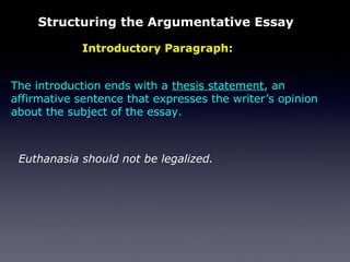 Introductory Paragraph:
Structuring the Argumentative Essay
Euthanasia should not be legalized.
The introduction ends with a thesis statement, an
affirmative sentence that expresses the writer’s opinion
about the subject of the essay.
 