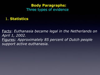 Body Paragraphs:
Three types of evidence
Facts: Euthanasia became legal in the Netherlands on
April 1, 2002.
Figures: Approximately 85 percent of Dutch people
support active euthanasia.
1. Statistics
 
