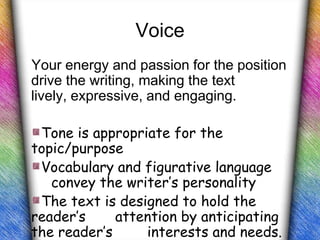 Voice
Your energy and passion for the position
drive the writing, making the text
lively, expressive, and engaging.

 Tone is appropriate for the
topic/purpose
 Vocabulary and figurative language
   convey the writer’s personality
 The text is designed to hold the
reader’s     attention by anticipating
the reader’s     interests and needs.
 