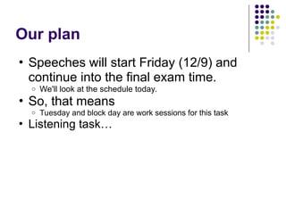 Our plan
• Speeches will start Friday (12/9) and
continue into the final exam time.
o We'll look at the schedule today.
• So, that means
o Tuesday and block day are work sessions for this task
• Listening task…
 