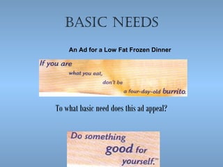 baSic needS
An Ad for a Low Fat Frozen Dinner

To what basic need does this ad appeal?

 