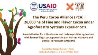 The Peru Cocoa Alliance (PCA) :
28,000 ha of Fine and Flavor Cocoa under
Agroforestry Systems Experience’s
A contribution for a bio diverse and carbon positive agriculture
with former illegal coca growers in San Martín, Huánuco and
Ucayali in Peruvian Amazonia
Global Landscape Forum | Paris
Palais du Congress, 5-6 December 2015
 