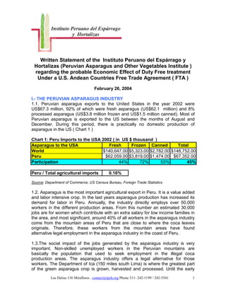 Written Statement of the Instituto Peruano del Espárrago y
 Hortalizas (Peruvian Asparagus and Other Vegetables Institute )
 regarding the probable Economic Effect of Duty Free treatment
  Under a U.S. Andean Countries Free Trade Agreement ( FTA )
                                     February 26, 2004

I.- THE PERUVIAN ASPARAGUS INDUSTRY
1.1. Peruvian asparagus exports to the United States in the year 2002 were
US$67.3 million, 92% of which were fresh asparagus (US$62.1 million) and 8%
processed asparagus (US$3.8 million frozen and US$1.5 million canned). Most of
Peruvian asparagus is exported to the US between the months of August and
December. During this period, there is practically no domestic production of
asparagus in the US ( Chart 1 )

Chart 1: Peru Imports to the USA 2002 ( in US $ thousand )
Asparagus to the USA                Fresh      Frozen Canned        Total
World                            $140,647.00 $5,323.00 $2,782.00 $148,752.00
Peru                              $62,059.00 $3,819.00 $1,474.00 $67,352.00
Participation                             44%      72%      53%         45%

Peru / Total agricultural imports              0.16%

Source: Department of Commerce, US Census Bureau, Foreign Trade Statistics

1.2. Asparagus is the most important agricultural export in Peru. It is a value added
and labor intensive crop. In the last years asparagus production has increased its
demand for labor in Peru. Annually, the industry directly employs over 50,000
workers in the different production areas. From this number an estimated 30,000
jobs are for women which contribute with an extra salary for low income families in
the area, and most significant, around 40% of all workers in the asparagus industry
come from the mountain areas of Peru that are close to where the coca leaves
originate, Therefore, these workers from the mountain areas have found
alternative legal employment in the asparagus industry in the coast of Peru.

1.3.The social impact of the jobs generated by the asparagus industry is very
important. Non-skilled unemployed workers in the Peruvian mountains are
basically the population that used to seek employment in the illegal coca
production areas. The asparagus industry offers a legal alternative for those
workers. The Department of Ica (150 miles south Lima) is where the greatest part
of the green asparagus crop is grown, harvested and processed. Until the early
          Las Dalias 136 Miraflores . contact@ipeh.org Phone 511- 242-1199 / 242-5541   1
 