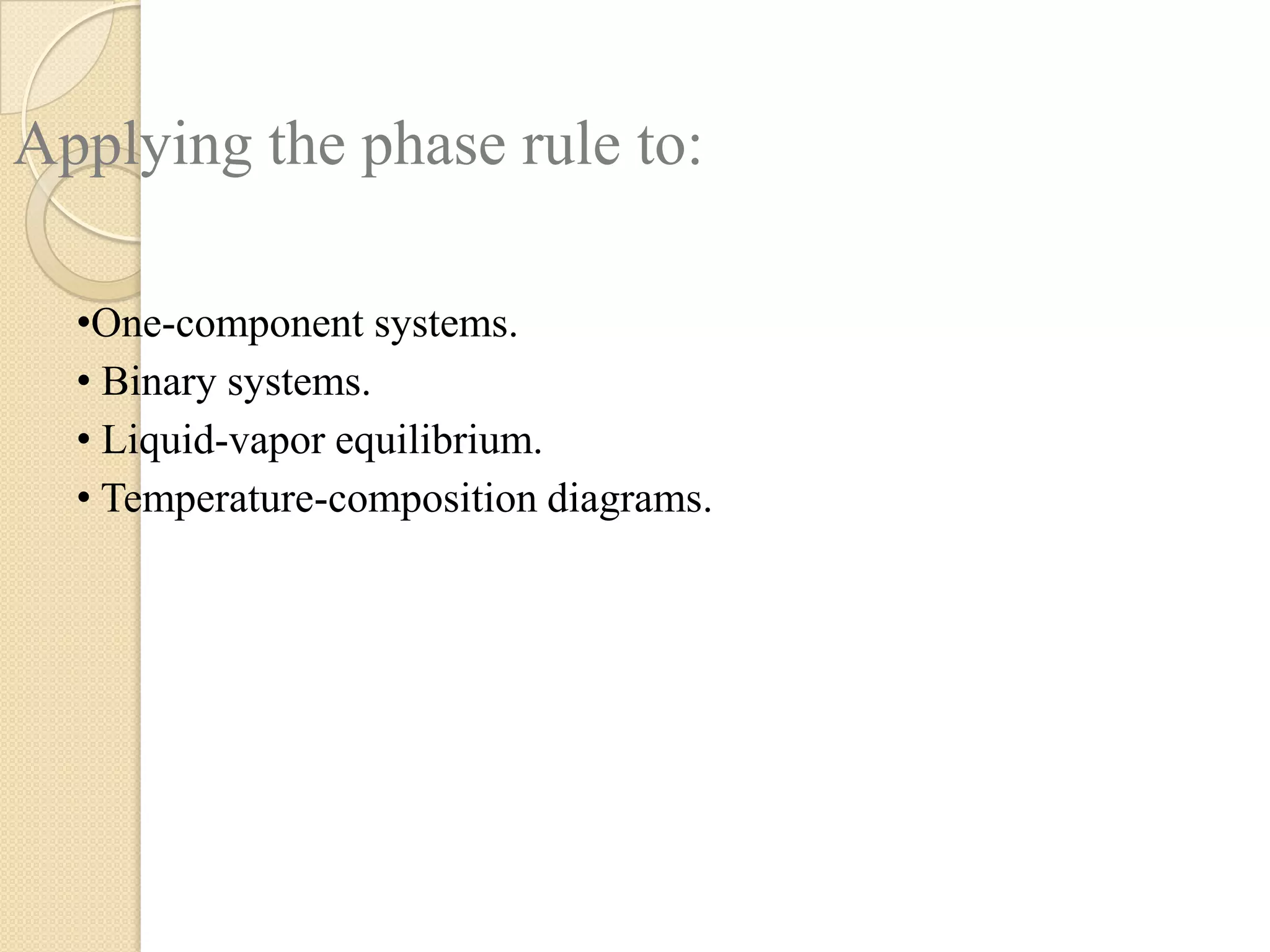 Applying the phase rule to:
•One-component systems.
• Binary systems.
• Liquid-vapor equilibrium.
• Temperature-composition diagrams.

 