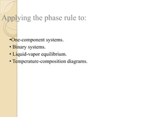 Applying the phase rule to:
•One-component systems.
• Binary systems.
• Liquid-vapor equilibrium.
• Temperature-composition diagrams.

 