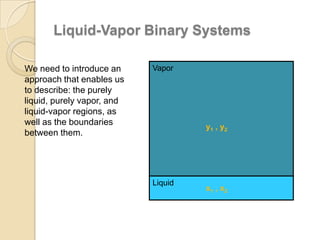Liquid-Vapor Binary Systems
We need to introduce an
approach that enables us
to describe: the purely
liquid, purely vapor, and
liquid-vapor regions, as
well as the boundaries
between them.

Vapor

y1 , y2

Liquid

x1 , x2

 