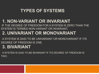 TYPES OF SYSTEMS
1. NON-VARIANT OR INVARIANT
IF THE DEGREE OF FREEDOM FOR A SYSTEM IS ZERO THAN THE
SYSTEM IS TERMED NON-VARIANT OR INVARIANT.
2. UNIVARIANT OR MONOVARIANT
A SYSTEM IS SAID TO BE UNIVARIANT OR MONOVARIANT IF ITS
DEGREE OF FREEDOM IS ONE.
3. BIVARIANT
A SYSTEM IS SAID TO BE BIVARIANT IF ITS DEGREE OF FREEDOM IS
TWO.
 