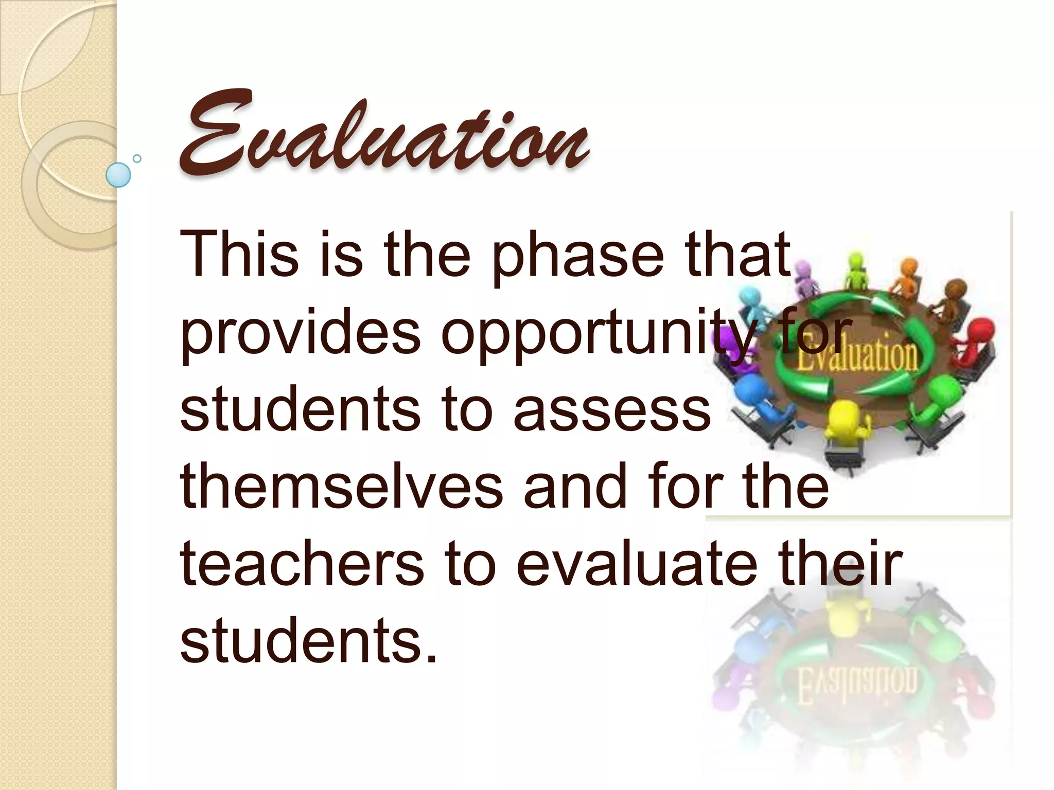 Evaluation
This is the phase that
provides opportunity for
students to assess
themselves and for the
teachers to evaluate their
students.
 